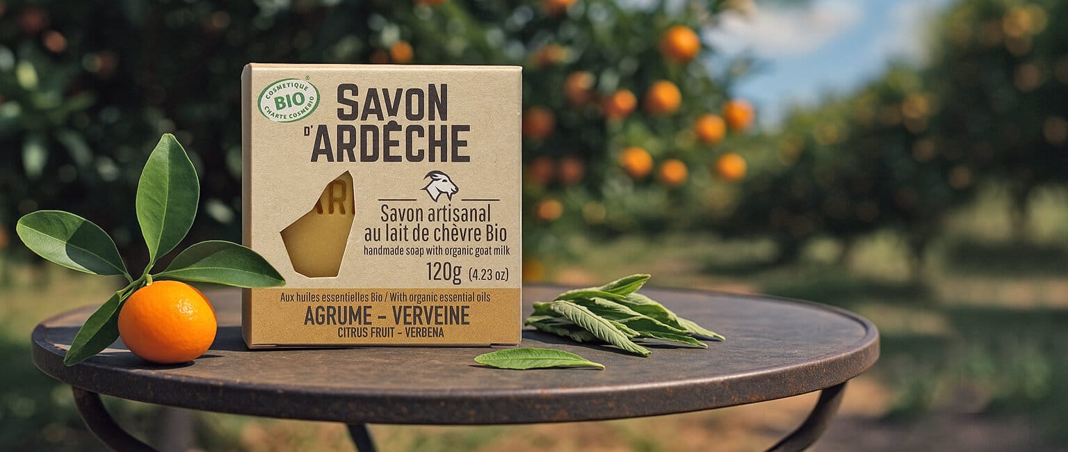 plantation de petitgrain bigaradier avec sur une table en fer un savon naturel aux huiles essentielles
