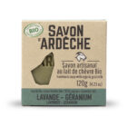 Étui du savon au lait de chèvre Lavande – Géranium Savon d’Ardèche, 120 g, certifié bio