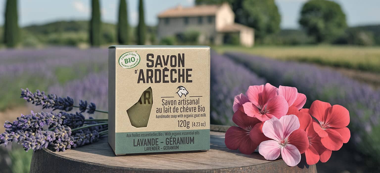 Savon bio au lait de chèvre aux huiles essentielles de lavande et géranium devant un champ de lavande en provence