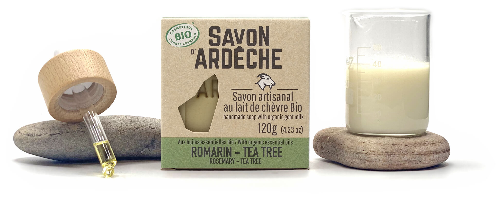Savon bio doux surgras au lait de chèvre aux huiles essentielles de romarin et tea tree