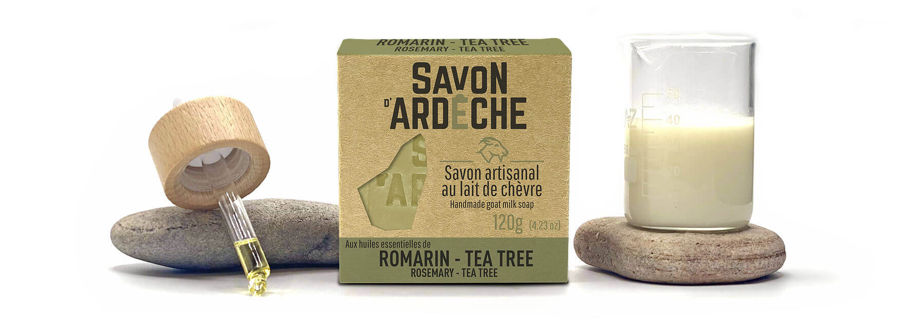 Le Savon d'Ardèche composé de lait de chèvre et d'huiles essentielles de Romarin et de Tea Tree