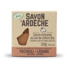 Savon solide au lait de chèvre, patchouli et lavande, fabriqué en Ardèche