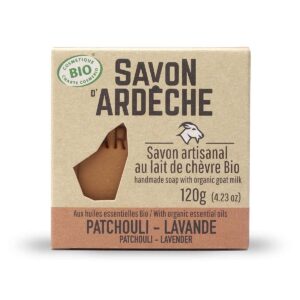 Savon solide au lait de chèvre, patchouli et lavande, fabriqué en Ardèche