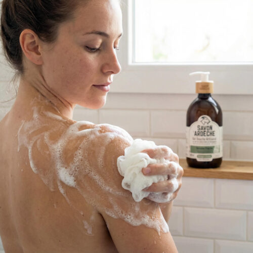 Gel douche verveine fraîche au lait de chèvre Savon d’Ardèche utilisé sous la douche