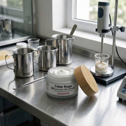 Crème visage au lait de chèvre bio en atelier de fabrication en Ardèche