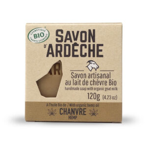 Étui du savon au lait de chèvre Chanvre Savon d’Ardèche, 120 g, sur fond blanc