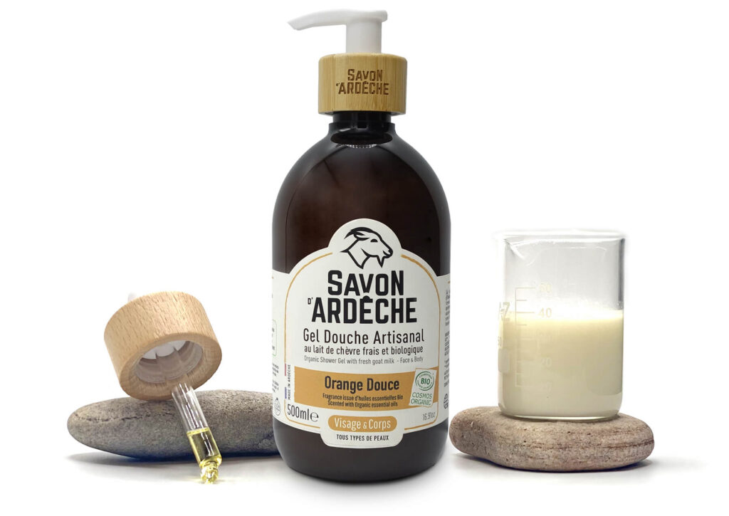 Gel douche bio au lait de chèvre Savon d’Ardèche Orange Douce et huiles essentielles