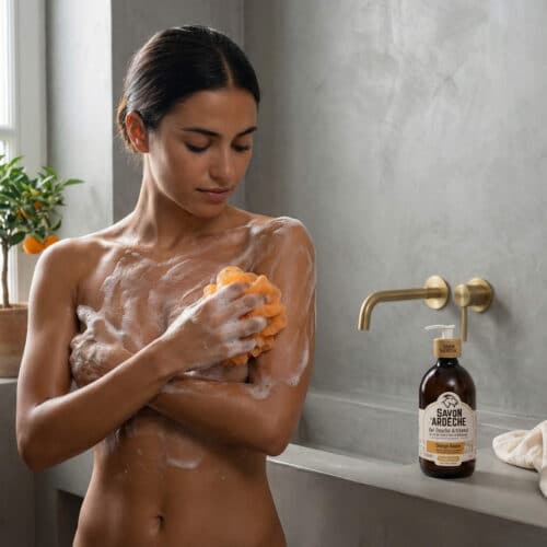 Gel douche Orange Douce au lait de chèvre Savon d’Ardèche utilisé sous la douche