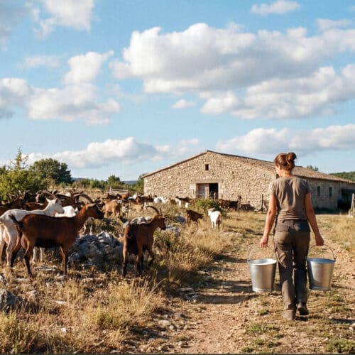 Éleveuse transportant des seaux de lait de chèvre près d’un troupeau en Ardèche