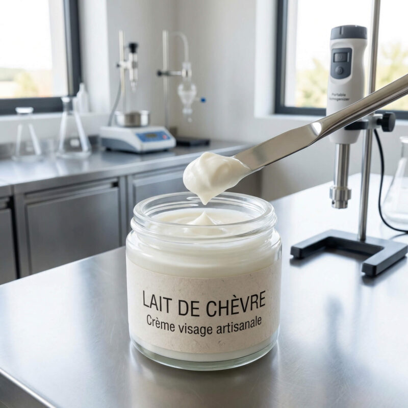 Gros plan sur la texture onctueuse et légère d’une crème au lait de chèvre après émulsion