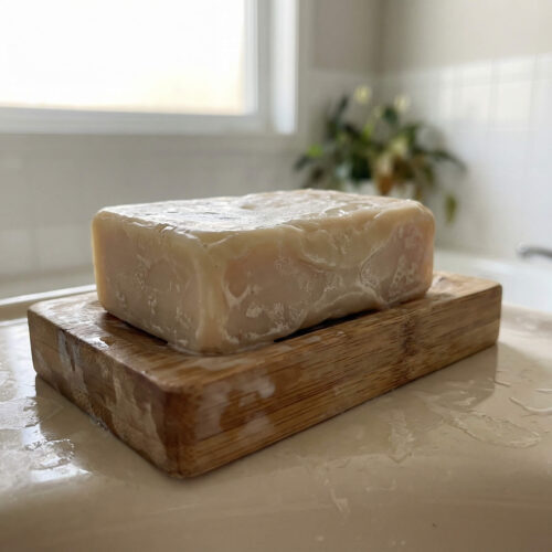 Savon au lait de chèvre légèrement usé posé sur un porte-savon drainant dans une salle de bain lumineuse.