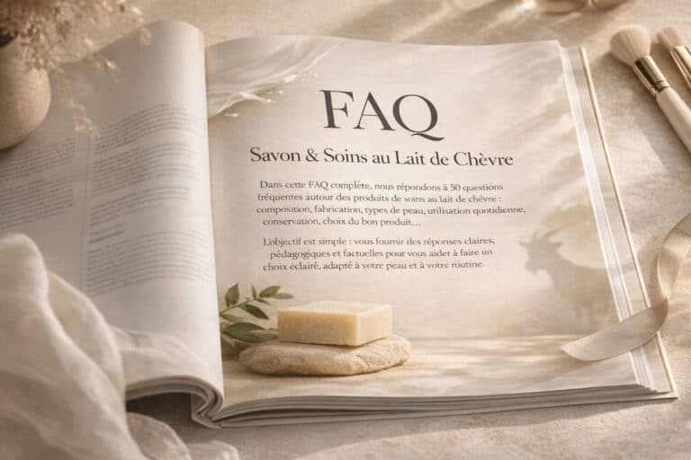 Magazine beauté ouvert avec article FAQ sur le savon et les soins au lait de chèvre en cosmétique naturelle