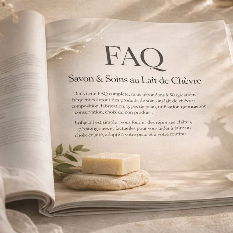 Magazine beauté ouvert avec article FAQ sur le savon et les soins au lait de chèvre en cosmétique naturelle