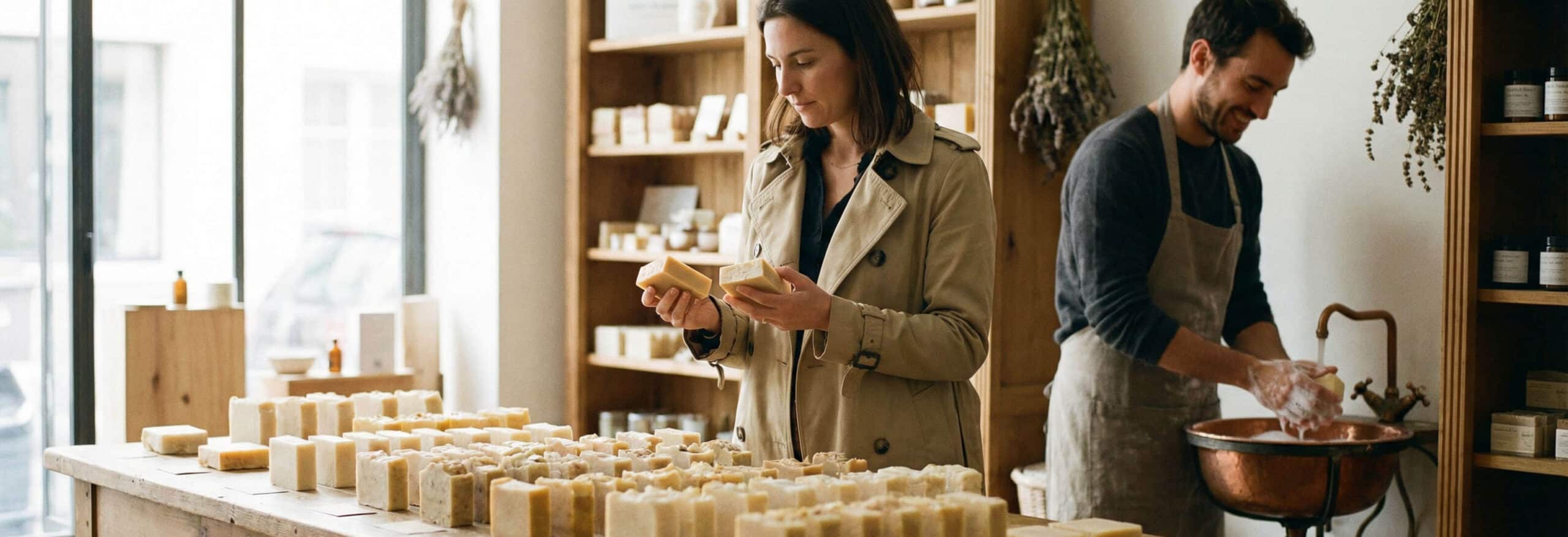 Scène panoramique montrant une femme comparant plusieurs savons au lait de chèvre dans une boutique artisanale lumineuse.