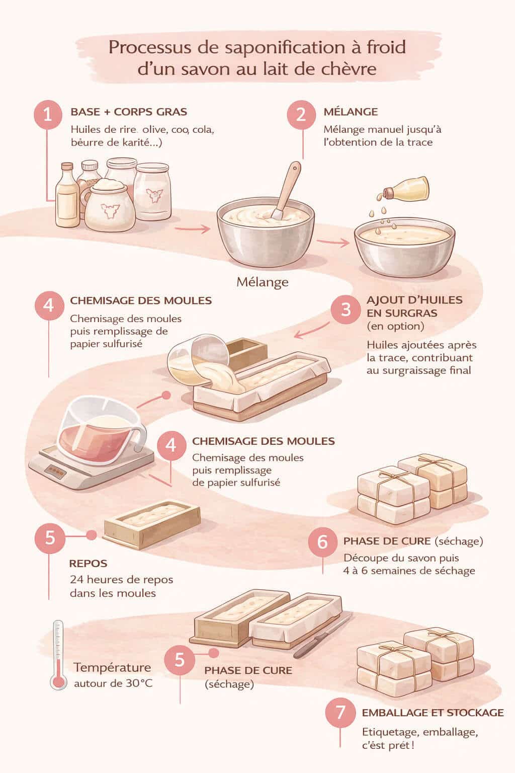 Infographie illustrant les étapes de fabrication d’un savon au lait de chèvre en saponification à froid