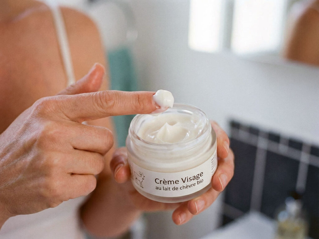 Noisette de crème visage au lait de chèvre prélevée avant application sur le visage