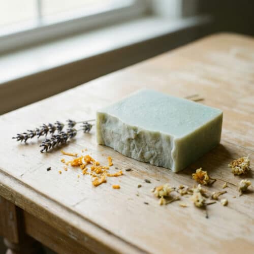Savon au lait de chèvre posé près de lavande et fleurs séchées sur une table en bois clair.