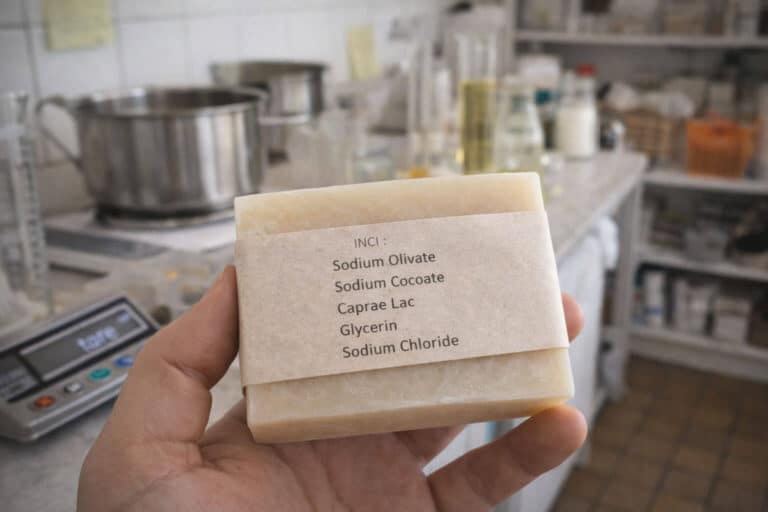 Savon artisanal tenu à la main en laboratoire avec étiquette INCI mentionnant Sodium Olivate, Sodium Cocoate et Caprae Lac