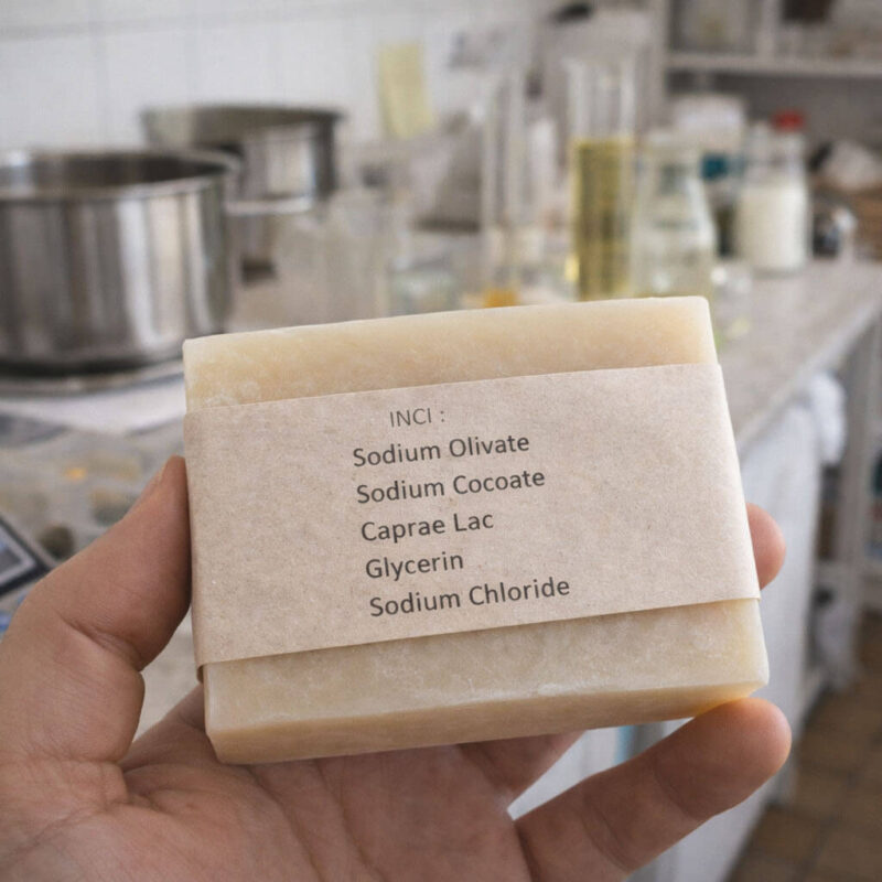Savon artisanal tenu à la main en laboratoire avec étiquette INCI mentionnant Sodium Olivate, Sodium Cocoate et Caprae Lac