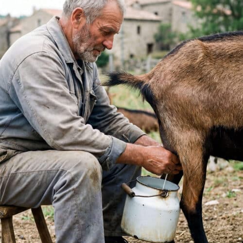 Éleveur réalisant la traite d’une chèvre en Ardèche illustrant l’origine du lait de chèvre utilisé en cosmétique naturelle
