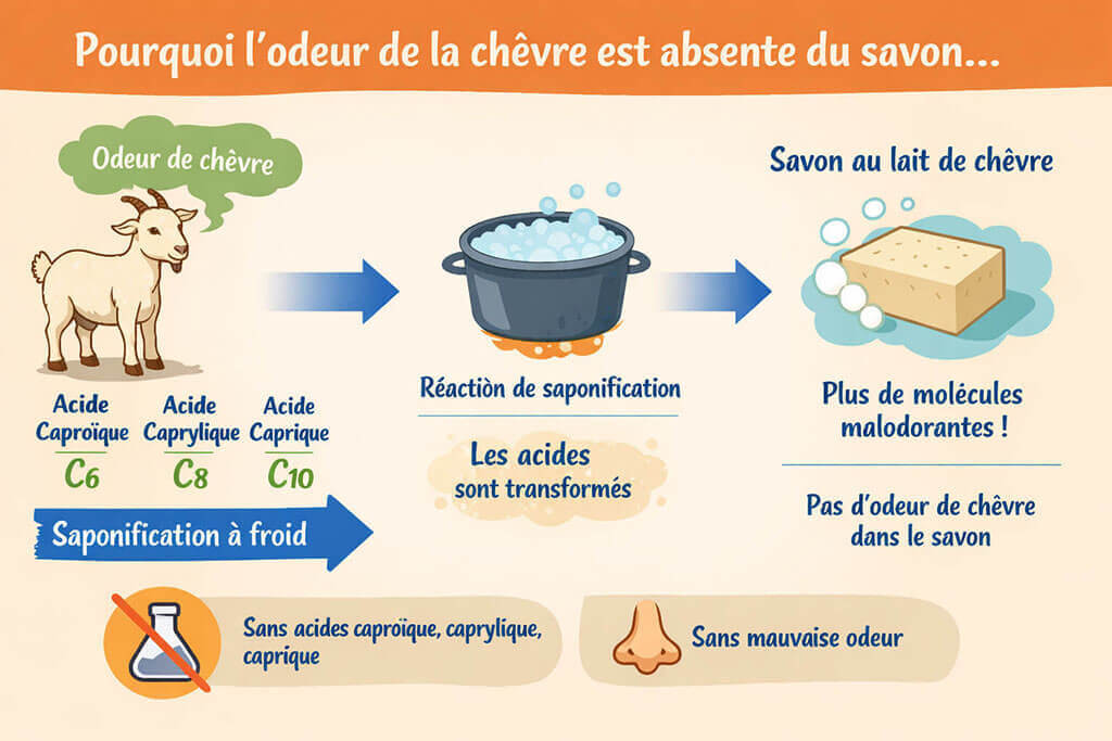 Infographie expliquant la saponification à froid : les acides caproïque, caprylique et caprique du lait de chèvre sont transformés lors de la réaction chimique, produisant un savon sans odeur de chèvre