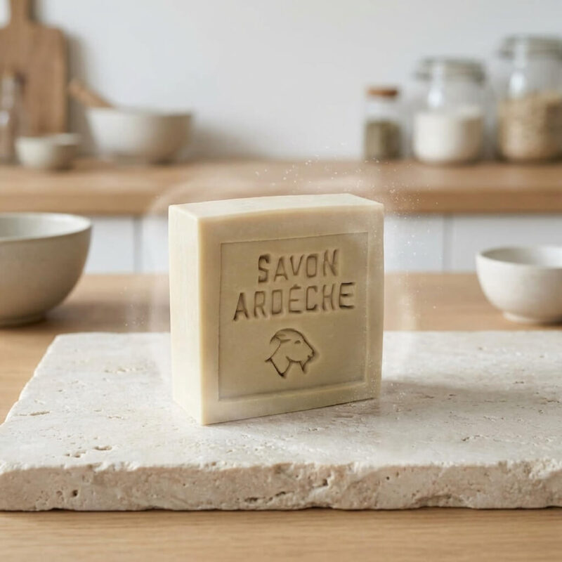 Pain de savon artisanal Savon d'Ardèche au lait de chèvre posé sur une dalle de pierre naturelle, dans un environnement de cuisine épuré aux tons bois et céramique