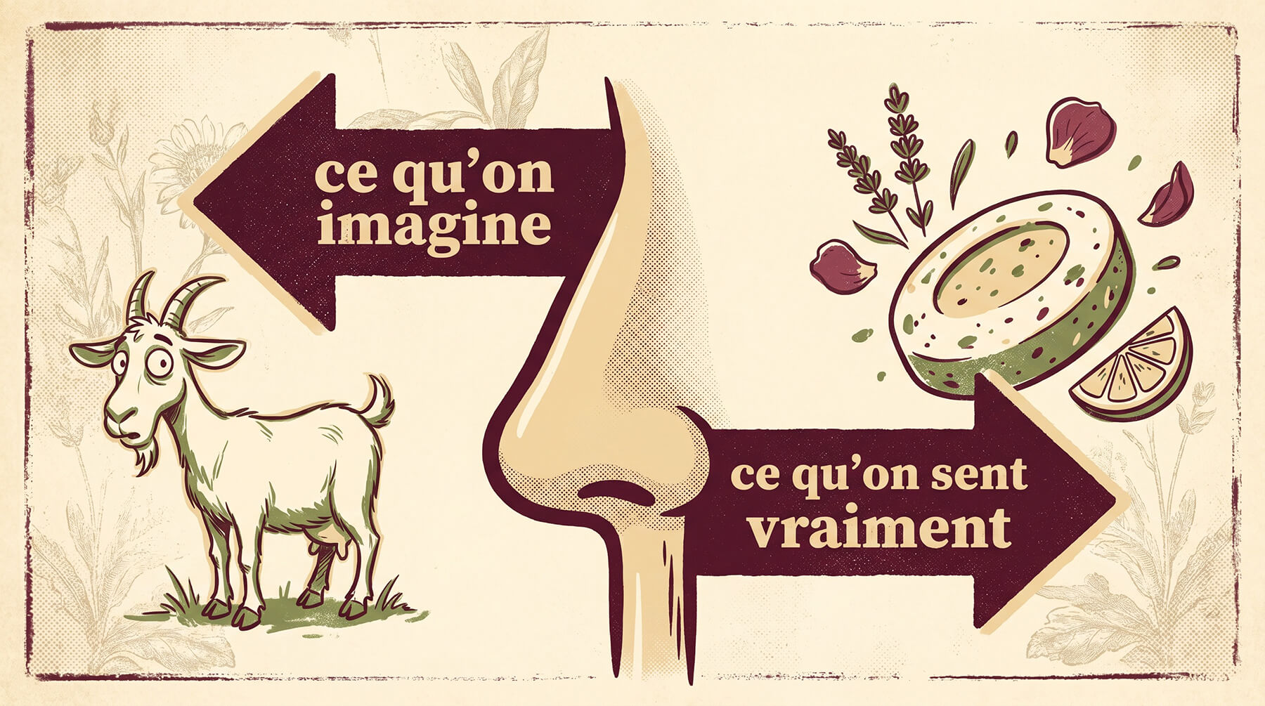 Illustration vintage humoristique montrant un nez entre deux flèches : à gauche une chèvre avec la mention "ce qu'on imagine", à droite un savon artisanal aux herbes avec la mention "ce qu'on sent vraiment"