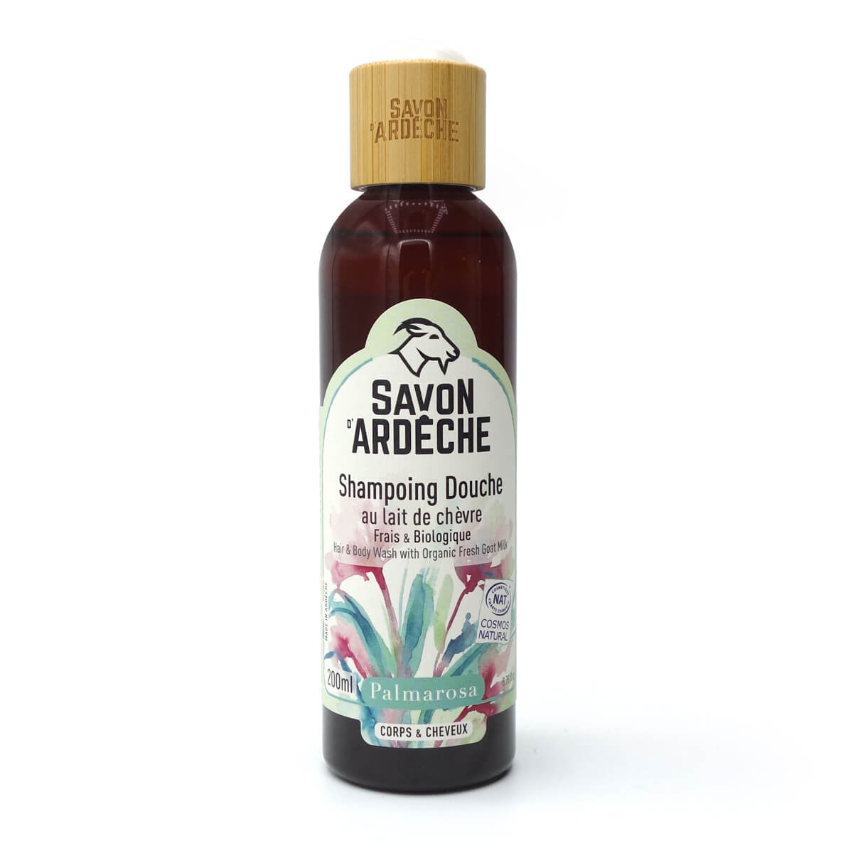 Shampoing Douche Palmarosa au Lait de Chèvre – 200 ml Shampoing douche Palmarosa au lait de chèvre frais biologique Savon d'Ardèche, flacon 200 ml