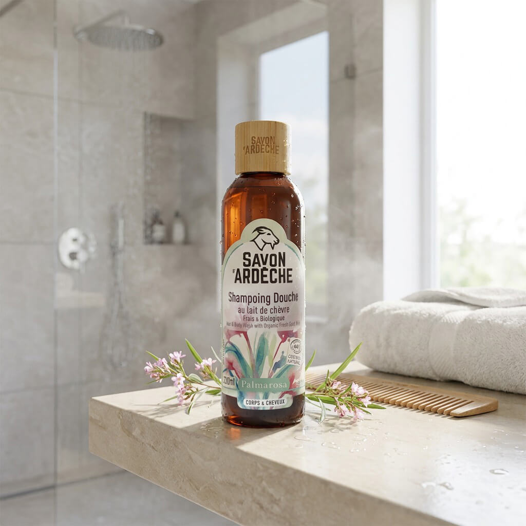 Shampoing douche Palmarosa au lait de chèvre frais biologique Savon d'Ardèche dans une salle de bain